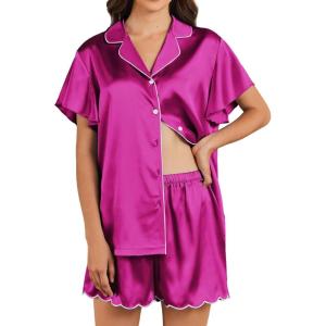 imageEkouaer Womens Classic Button Down Ruffle Sleeves Short Satin Silk Pajama SetRose