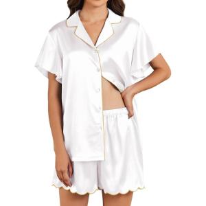 imageEkouaer Womens Classic Button Down Ruffle Sleeves Short Satin Silk Pajama SetWhite