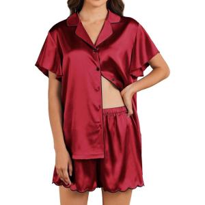 imageEkouaer Womens Classic Button Down Ruffle Sleeves Short Satin Silk Pajama SetWine Red
