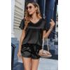 imageEkouaer Women Satin Pajamas Set Ruffle Sleeves Silk Pj Set Soft V Neck Sleepwear LoungewearBlack
