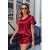 imageEkouaer Women Satin Pajamas Set Ruffle Sleeves Silk Pj Set Soft V Neck Sleepwear LoungewearMaroon