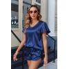 imageEkouaer Women Satin Pajamas Set Ruffle Sleeves Silk Pj Set Soft V Neck Sleepwear LoungewearNavy Blue