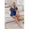 imageEkouaer Women Satin Pajamas Set Ruffle Sleeves Silk Pj Set Soft V Neck Sleepwear LoungewearNavy Blue