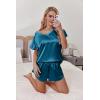 imageEkouaer Women Satin Pajamas Set Ruffle Sleeves Silk Pj Set Soft V Neck Sleepwear LoungewearPeacock Blue
