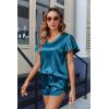imageEkouaer Women Satin Pajamas Set Ruffle Sleeves Silk Pj Set Soft V Neck Sleepwear LoungewearPeacock Blue