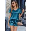 imageEkouaer Women Satin Pajamas Set Ruffle Sleeves Silk Pj Set Soft V Neck Sleepwear LoungewearPeacock Blue