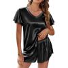imageEkouaer Women Satin Pajamas Set Ruffle Sleeves Silk Pj Set Soft V Neck Sleepwear LoungewearBlack