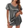 imageEkouaer Women Satin Pajamas Set Ruffle Sleeves Silk Pj Set Soft V Neck Sleepwear LoungewearGray
