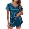 imageEkouaer Women Satin Pajamas Set Ruffle Sleeves Silk Pj Set Soft V Neck Sleepwear LoungewearPeacock Blue