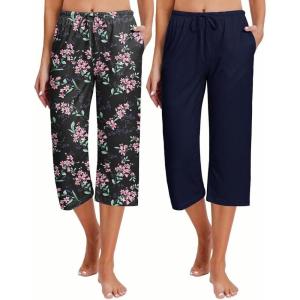 imageEkouaer 2 Pack Womens Capri Pajama Pants Printed Drawstring Comfy Pj Bottoms With PocketsBlackNavy Blue