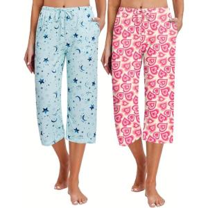 imageEkouaer 2 Pack Womens Capri Pajama Pants Printed Drawstring Comfy Pj Bottoms With PocketsBluePink