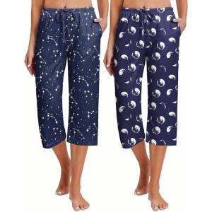 imageEkouaer 2 Pack Womens Capri Pajama Pants Printed Drawstring Comfy Pj Bottoms With PocketsDark BlueDark Teal