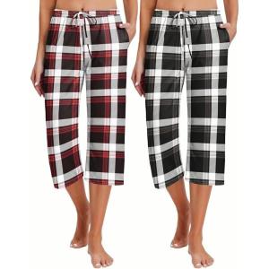 imageEkouaer 2 Pack Womens Capri Pajama Pants Printed Drawstring Comfy Pj Bottoms With PocketsMaroonGrey Black