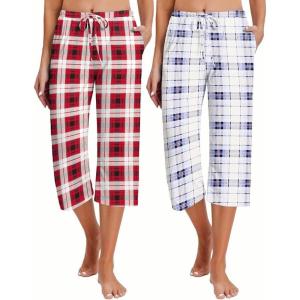 imageEkouaer 2 Pack Womens Capri Pajama Pants Printed Drawstring Comfy Pj Bottoms With PocketsRedBlue