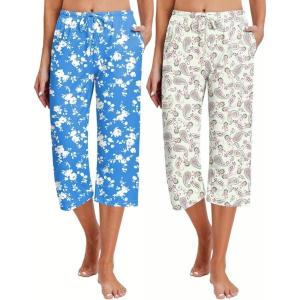 imageEkouaer 2 Pack Womens Capri Pajama Pants Printed Drawstring Comfy Pj Bottoms With PocketsRoyal BlueBeige