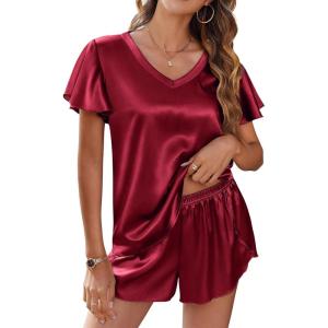 imageEkouaer Women Satin Pajamas Set Ruffle Sleeves Silk Pj Set Soft V Neck Sleepwear LoungewearMaroon