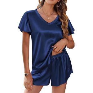 imageEkouaer Women Satin Pajamas Set Ruffle Sleeves Silk Pj Set Soft V Neck Sleepwear LoungewearNavy Blue