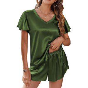 imageEkouaer Women Satin Pajamas Set Ruffle Sleeves Silk Pj Set Soft V Neck Sleepwear LoungewearOlive Drab