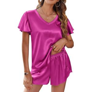 imageEkouaer Women Satin Pajamas Set Ruffle Sleeves Silk Pj Set Soft V Neck Sleepwear LoungewearRose
