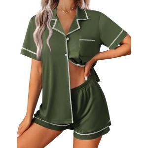 imageEkouaer Womens Pajama Set Button Down Sleepwear Short Sleeve Pjs Top and Short with Pocket Soft Lounge SetArmy Green