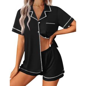imageEkouaer Womens Pajama Set Button Down Sleepwear Short Sleeve Pjs Top and Short with Pocket Soft Lounge SetBlack