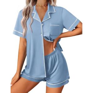 imageEkouaer Womens Pajama Set Button Down Sleepwear Short Sleeve Pjs Top and Short with Pocket Soft Lounge SetBlue