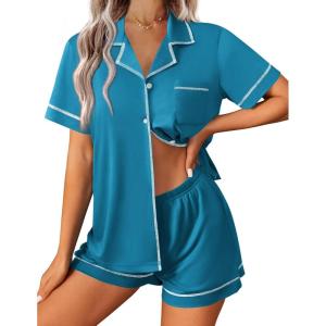 imageEkouaer Womens Pajama Set Button Down Sleepwear Short Sleeve Pjs Top and Short with Pocket Soft Lounge SetBlue Green