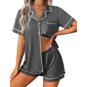 imageEkouaer Womens Pajama Set Button Down Sleepwear Short Sleeve Pjs Top and Short with Pocket Soft Lounge SetDeep Grey