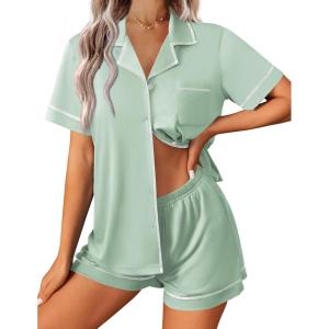 imageEkouaer Womens Pajama Set Button Down Sleepwear Short Sleeve Pjs Top and Short with Pocket Soft Lounge SetIce Green
