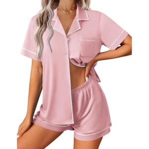 imageEkouaer Womens Pajama Set Button Down Sleepwear Short Sleeve Pjs Top and Short with Pocket Soft Lounge SetIcy Pink