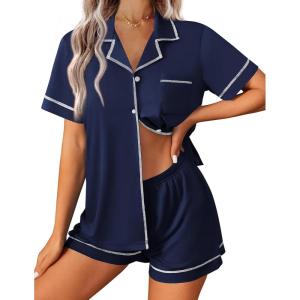 imageEkouaer Womens Pajama Set Button Down Sleepwear Short Sleeve Pjs Top and Short with Pocket Soft Lounge SetNavy Blue