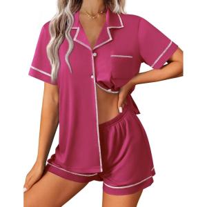 imageEkouaer Womens Pajama Set Button Down Sleepwear Short Sleeve Pjs Top and Short with Pocket Soft Lounge SetRose Red