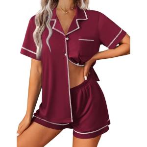 imageEkouaer Womens Pajama Set Button Down Sleepwear Short Sleeve Pjs Top and Short with Pocket Soft Lounge SetWind Red