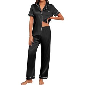 imageEkouaer Womens Silk Pajama Sets Silky Short Sleeve Pjs 2 Piece Silk Button Down Pajamas Soft Satin Pj Pants SetBlack