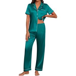 imageEkouaer Womens Silk Pajama Sets Silky Short Sleeve Pjs 2 Piece Silk Button Down Pajamas Soft Satin Pj Pants SetBlue Green