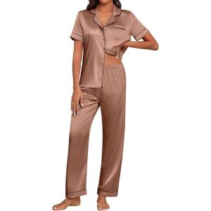imageEkouaer Womens Silk Pajama Sets Silky Short Sleeve Pjs 2 Piece Silk Button Down Pajamas Soft Satin Pj Pants SetBrown