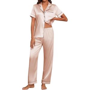 imageEkouaer Womens Silk Pajama Sets Silky Short Sleeve Pjs 2 Piece Silk Button Down Pajamas Soft Satin Pj Pants SetChampagne