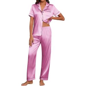 imageEkouaer Womens Silk Pajama Sets Silky Short Sleeve Pjs 2 Piece Silk Button Down Pajamas Soft Satin Pj Pants SetFuchsia