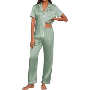 imageEkouaer Womens Silk Pajama Sets Silky Short Sleeve Pjs 2 Piece Silk Button Down Pajamas Soft Satin Pj Pants SetIce Green