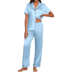 imageEkouaer Womens Silk Pajama Sets Silky Short Sleeve Pjs 2 Piece Silk Button Down Pajamas Soft Satin Pj Pants SetLight Blue