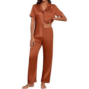 imageEkouaer Womens Silk Pajama Sets Silky Short Sleeve Pjs 2 Piece Silk Button Down Pajamas Soft Satin Pj Pants SetLight Brown