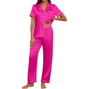imageEkouaer Womens Silk Pajama Sets Silky Short Sleeve Pjs 2 Piece Silk Button Down Pajamas Soft Satin Pj Pants SetRose Red