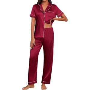 imageEkouaer Womens Silk Pajama Sets Silky Short Sleeve Pjs 2 Piece Silk Button Down Pajamas Soft Satin Pj Pants SetWine Red