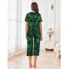 imageEkouaer Womens Pajamas Set Short Sleeve Sleepwear 2 Piece Round Neck Top Capri Pants Loungewear with PocketsBlackDark Green Leaves