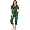 imageEkouaer Womens Pajamas Set Short Sleeve Sleepwear 2 Piece Round Neck Top Capri Pants Loungewear with PocketsBlackDark Green Leaves