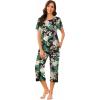 imageEkouaer Womens Pajamas Set Short Sleeve Sleepwear 2 Piece Round Neck Top Capri Pants Loungewear with PocketsBlackWhiteGreen Flower