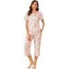 imageEkouaer Womens Pajamas Set Short Sleeve Sleepwear 2 Piece Round Neck Top Capri Pants Loungewear with PocketsWhitePink Flower