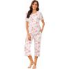 imageEkouaer Womens Pajamas Set Short Sleeve Sleepwear 2 Piece Round Neck Top Capri Pants Loungewear with PocketsWhiteRed Flower