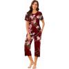 imageEkouaer Womens Pajamas Set Short Sleeve Sleepwear 2 Piece Round Neck Top Capri Pants Loungewear with PocketsWine RedPink Flower