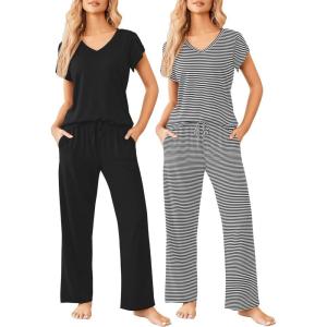 imageEkouaer 2 Pack Womens Pajamas Short Sleeve Sleepwear Top with Pants SuperSoft Printed Lounge Sets SXXLBlackBlack Stripe